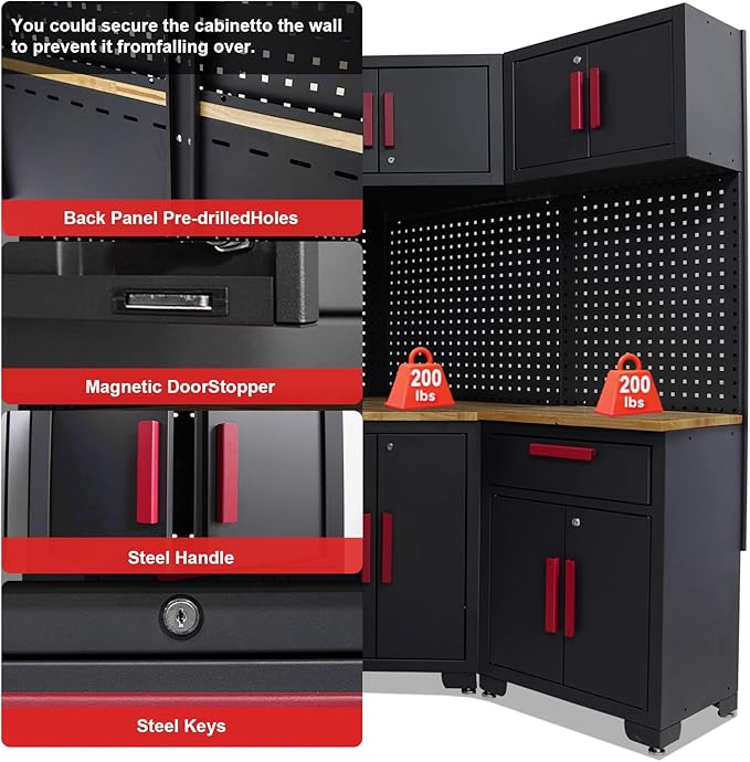 16PCS Corner Garage Storage Cabinet System - Heavy Duty Workshop Set w/Corner Cabinet Includes Workbench, Pegboard & Lockable Drawers | Metal Tool Organization System for Garage/Workshop