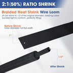2:1 Heat shrinkable Braided Sleeving Fabric Wire Loom High Temp Heat Shrink Wiring Harness Abrasion Protector Cable Sleeve(1"-27ft)