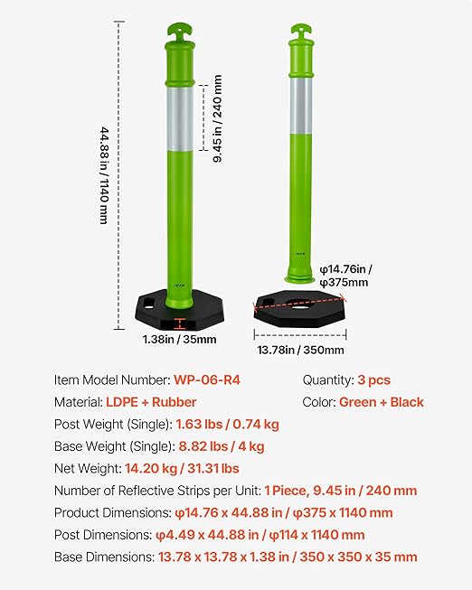 VEVOR 3 Pack Traffic Delineator Posts, 48 inches Traffic Safety Cones with Weighted Base and Reflective Strips, Heavy Duty Delineator Posts for Construction Site, Parking Lot, Crowd Control, Green