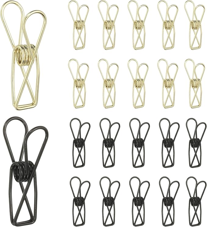 PATIKIL 50Pcs Paper Office Binder Clips, 1.26" Small Metal Wire Hollow Out Paper Clamps Long Tail Binder Clips for Photo Clothes Hanging Office Home Kitchen Food Package, Black/Gold