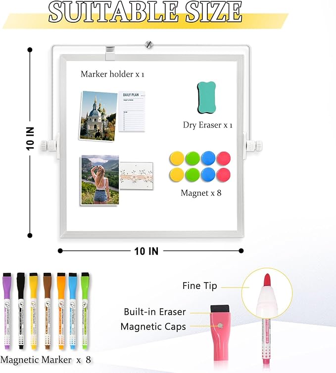 Dry Erase Magnetic White Board, 10" x 10" Double-Sided Desktop Whiteboard with Stand, Portable Small Whiteboard Set for Drawing, Office, Home, School