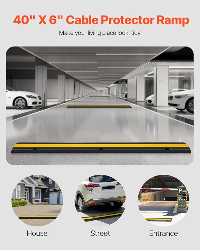 VEVOR 4 Pack of 1-Channel Rubber Cable Protector Ramps Heavy Duty 22046Lbs Load Capacity Cable Wire Cord Cover Ramp Speed Bump Driveway Hose Cable Ramp Protective Cover