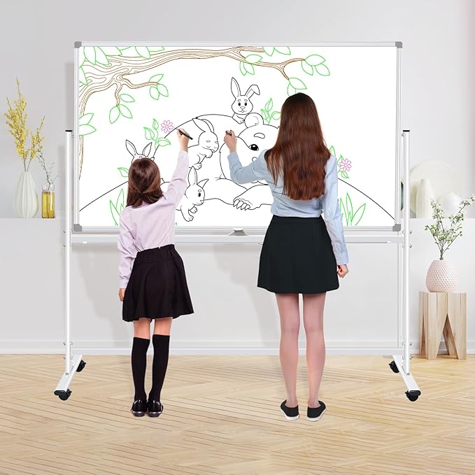 Double-Sided Rolling Whiteboards on Wheels 72 X 48, Large Dry Erase Board with Stands, Magnetic Mobile White Board Standing White Boards with Eraser & Marker & Magnet & Magnetic Calendar