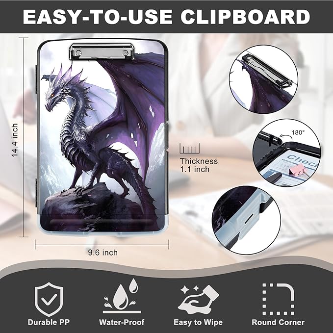 Clipboard with Storage,Storage Clipboard with Pen Holder,Heavy Duty Plastic Storage Clipboard with Low Profile Clip, Clipboard Folder, Teacher Must Haves, Office Supplies,Purple Dragons