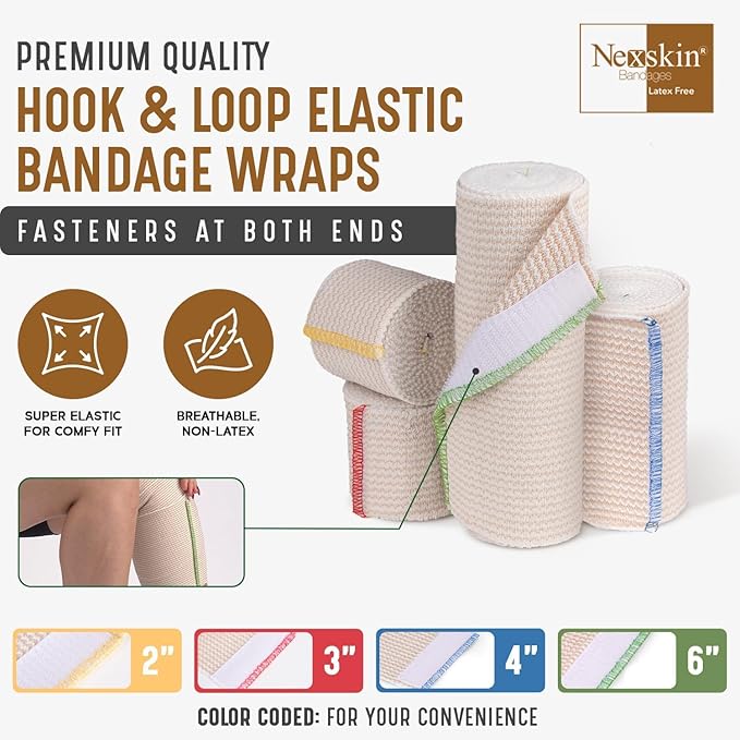 Premium Elastic Bandage Wrap (3” Wide, 6 Pack) - Nexskin Latex Free Athletic/Medical Compression Bandages Hook & Loop Fasteners at Both Ends - Lifetime Washable & Reusable Bandages