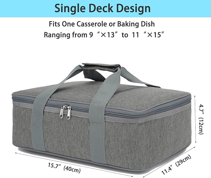 Insulated Casserole Carrier Bag - Large Portable Hot and Cold Food Storage Tote with Handles Thermal Bag for Parties, Picnics, Camping, Travel,Fits 9"x13" Baking Dish,Grey