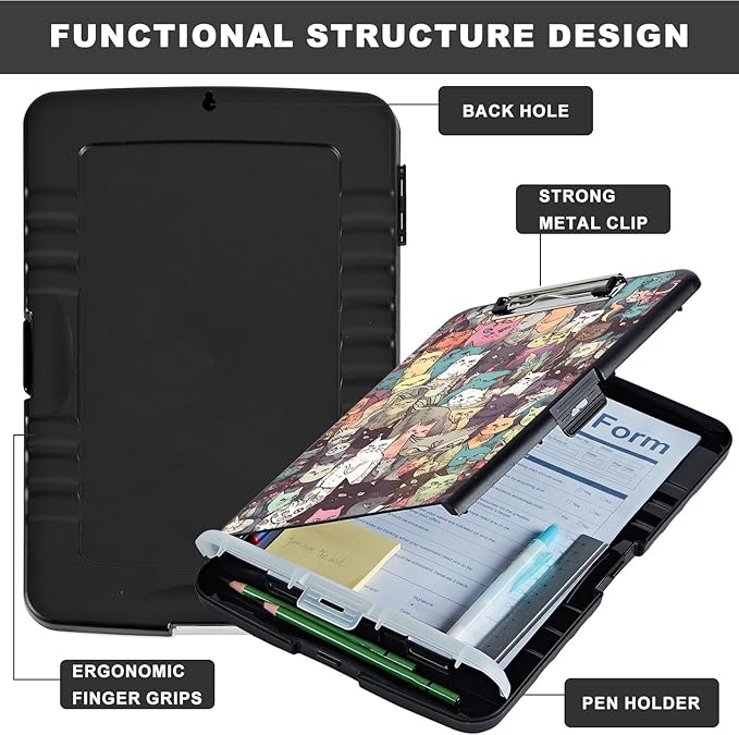Clipboard with Storage,Storage Clipboard with Pen Holder,Heavy Duty Plastic Storage Clipboard with Low Profile Clip, Clipboard Folder, Teacher Must Haves, Office Supplies,Colorful Cats