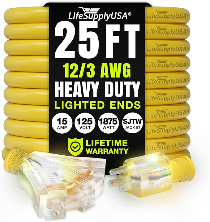 25ft Outdoor/Indoor Extension Cord 3-Outlet 12/3 Gauge Extra Heavy Duty 3 Prong SJTW, Waterproof, Flexible Cold-Resistant Long Power Cord,15A 125V 1875W, Yellow by LifeSupplyUSA