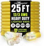 25ft Outdoor/Indoor Extension Cord 3-Outlet 12/3 Gauge Extra Heavy Duty 3 Prong SJTW, Waterproof, Flexible Cold-Resistant Long Power Cord,15A 125V 1875W, Yellow by LifeSupplyUSA