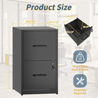 2 Drawer File Cabinet with Lock, Vertical Filing Cabinets for Home Office, Metal Storage Cabinet, Heavy Duty File Cabinet for Under Desk, Amssebly Required, Black