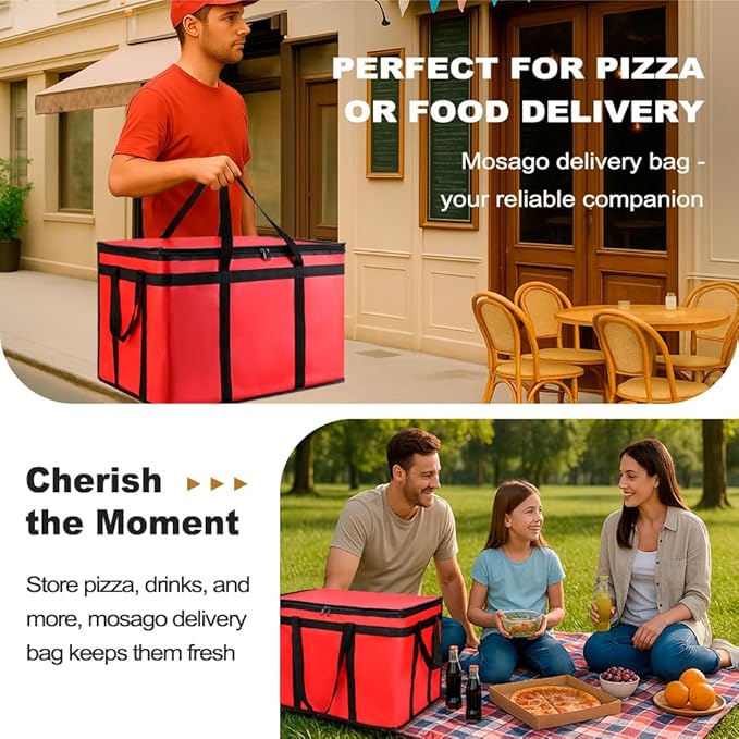 2PK Insulated Food Delivery Bag with Baseboard — Reusable Thermal Cooler Grocery Bags for Catering & Delivery, Pizza Carrier for Events, Large Capacity Bag Keeps Food Hot/Cold for Travel, Commercial