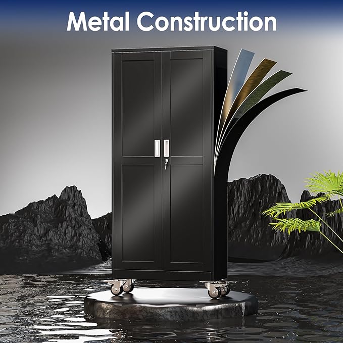 75" H Metal Garage Storage Cabinet, Rolling Tool Cabinet with 2 Doors and Wheels, Locker Steel Cabinet with 5 Adjustable Shelves, Organization Cabinet for Garage,Office,Home,Gym,School（Black）