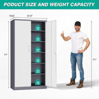Metal Storage Cabinet with 2 Doors and 6 Shelves,Gray White Metal Cabinet with Lock,71" Lockable Garage Storage Cabinets,Locking File Cabinet,Steel Tool Cabinets for Home,Office,Garage,Shop,School