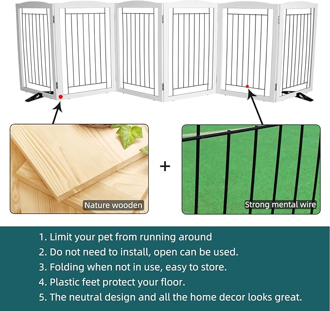Dog Fence Indoor - 6-Panel Freestanding Dog Gate for Doorways, Hallways, House or Stairs -120x32-Inch Retractable Foldable Expandable Wood Pet by SFJC (White)