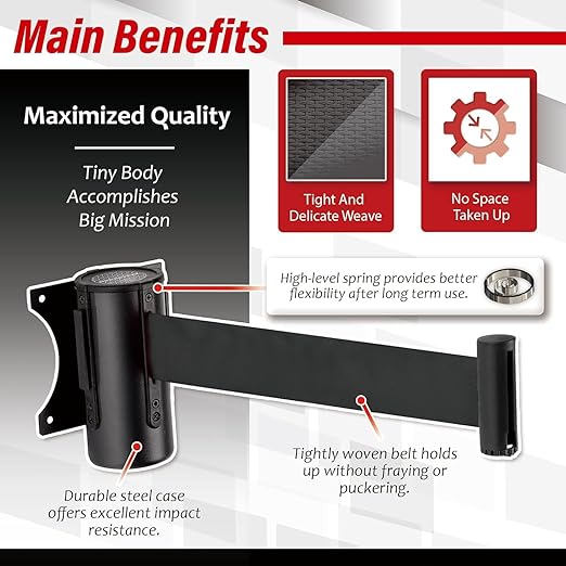 DuraSteel Wall Mount Crowd Control Retractable Belt Barrier - 9.2 Ft Black Retractables Barrier Belt, Crowd Control Barriers Do Not Enter Line Dividers for Crowds NOT Stanchions with Retractable Belts
