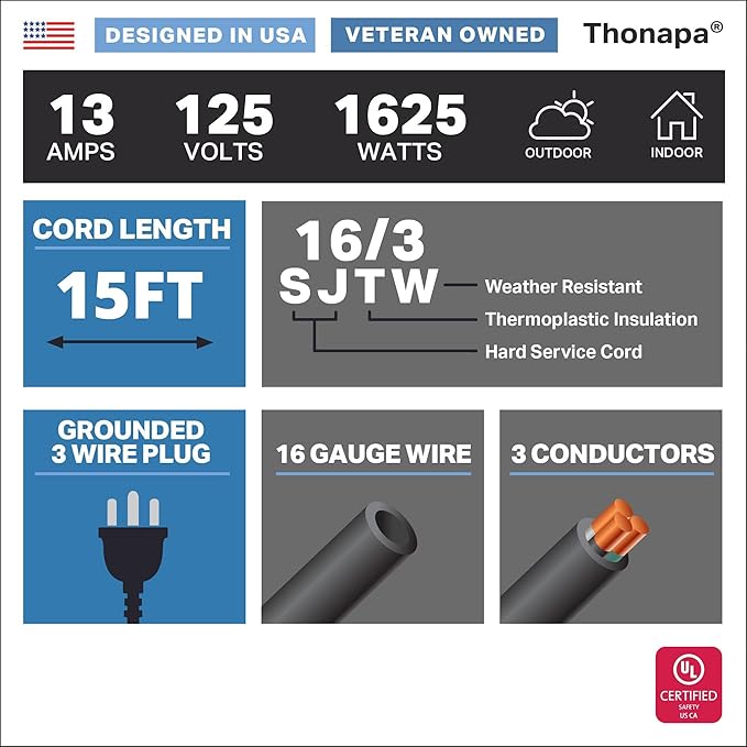 13 Amp Outdoor Extension Cord 15 ft, 2 Pack, 16/3 SJTW 15 Foot Black Extension Cord 3 Prong Multi Pack, Weatherproof ExteriorPower Cable for Outdoor Lights, Landscaping, Lawn, UL Certified