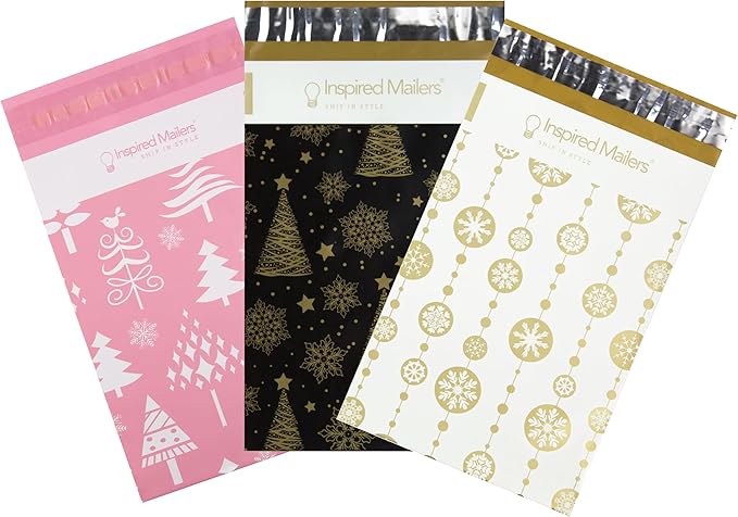 Inspired Mailers - Christmas Poly Mailers 6x9 Holiday Variety Pack of 30-10 each: Trees & Snowflakes, Rose Gold Trees, Gold Snowflake Baubles (6x9, 30 Pack)