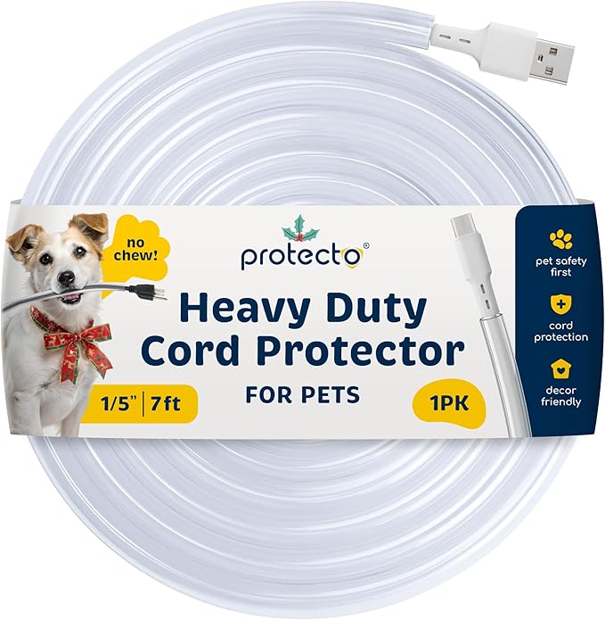 PROTECTO Heavy Duty Cord Protectors from Pets No Chew Solution, 7ft Easy to Use Dog & Cat Cord Protector, Clear & Odorless Critter Cord Covers for Pets, Power Audio & Video Wire Protector Tubing