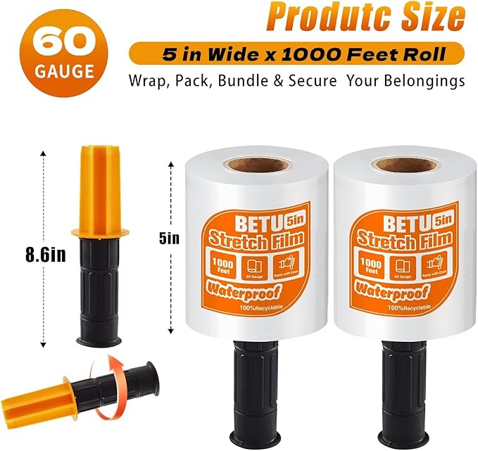Stretch Film Shrink Wrap for Moving Supplies (5inch, 2 Pack) x 1000ft, Industrial Strength Plastic Wrap Stretch Roll for Pallet Wrapping Shipping Moving Boxes Storage Furniture with Handles, Clear