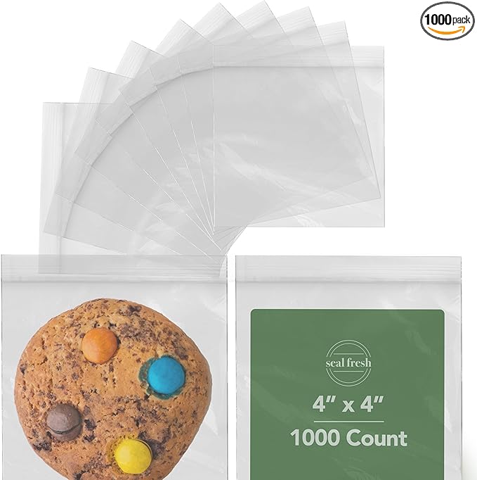 Zip Bags – 4x4 Inches (1000 Count), 2 Mil – Clear Plastic Reclosable LDPE Poly Baggies with Resealable Lock Seal Zipper – For Snacks, Sandwiches, Cookies, Candies, Treats, Pastries, Party