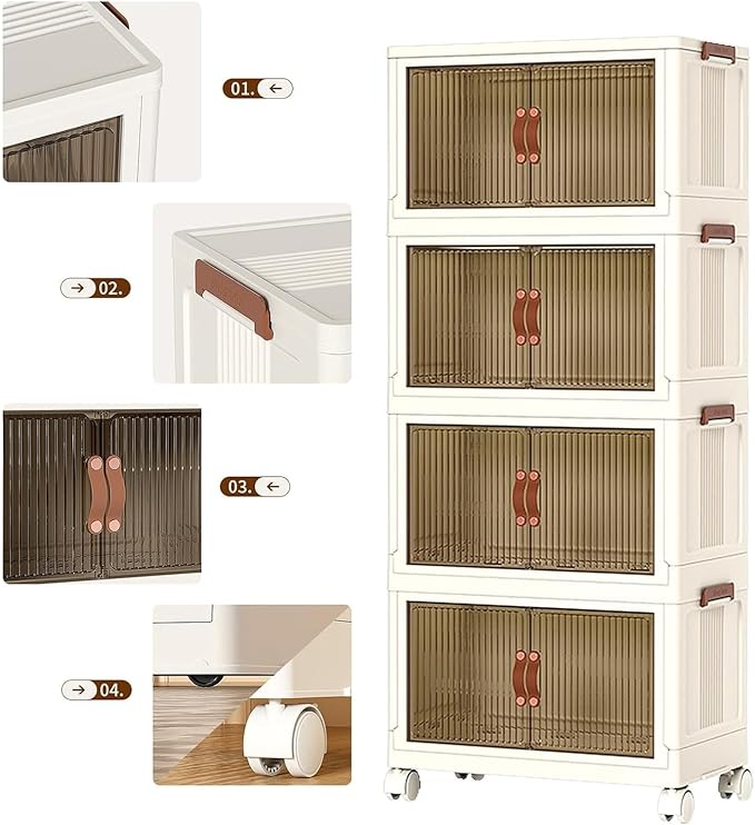4 Tier Plastic Stackable Storage Bins and Boxes Organizer, Foldable Containers, Stackable Closet Organizers, Collapsible Boxes, White (3 Tier, 25.8″)
