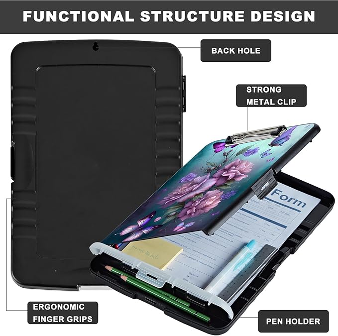 Clipboard with Storage,Heavy Duty Plastic Storage Clipboard with Low Profile Clip,Teacher Must Haves,Office Supplies,Pink Butterfly Flower