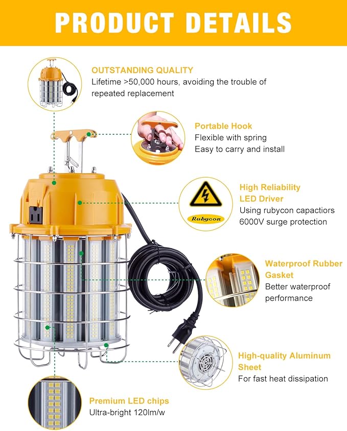 LED Temporary Work Light 100W LED Construction Lights 12,000lm 5000K Daylight Stainless Steel Guard Portable Hanging Work Lighting Workshop Jobsite Light Outdoor