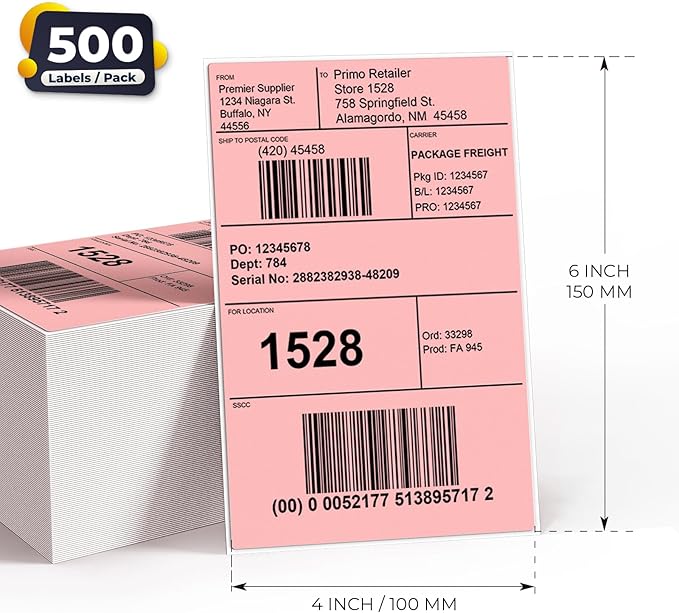 Pink Direct Thermal Labels 4 × 6 Inch Vinyl Self-Adhesive Fanfold Shipping Stickers Waterproof Perforated Printer Decal for Office School Warehouse 500 PCS