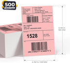 Pink Direct Thermal Labels 4 × 6 Inch Vinyl Self-Adhesive Fanfold Shipping Stickers Waterproof Perforated Printer Decal for Office School Warehouse 500 PCS