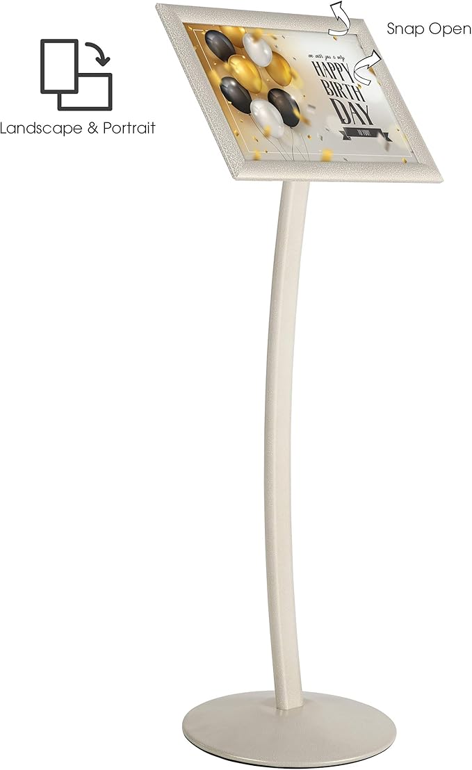 M&T Displays Curved Menu Board, 11x17 Pedestal Sign Holder White Pearlic Floor Standing Aluminum Front Loading Easy Open Poster Message Advertisement Holder For Restaurant Cafe Hotel