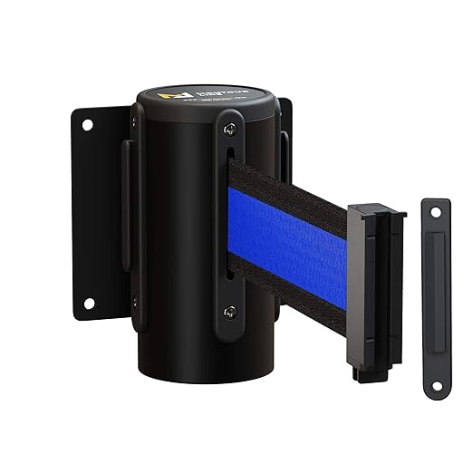 Crowd Control Warehouse - CCW Series WMB-120 Fixed Wall Mount Retractable Belt Barrier - 11 Foot, Black/Blue Stripe Belt with Black Steel Case, Crowd Control Barriers