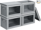 Storage Bins with Lids - Fabric Closet Storage Bins with Window, Collapsible Baskets for Shelves 4 Pack, Home Decorative Boxes for Clothes, Closet, Office, Grey