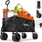 Collapsible Wagon with Big Wheels, Beach Wagons Carts Foldable with All-Terrain Wheels, Large Weight Capacity Heavy Duty Carts with Cup Holders for Camping, Garden, Sports, Grocery, Carbon Black