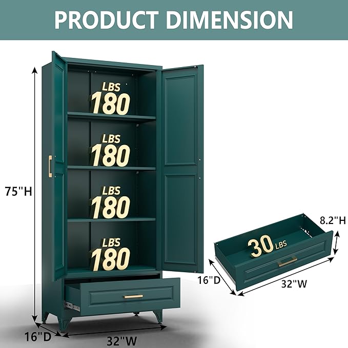 Metal Storage Cabinet,75" Tall Kitchen Pantry Storage Cabinet with Doors and Adjustable Shelves, Green Metal Pantry Cabinets with Drawer, Large Cupboard for Kitchen, Dining Living Room