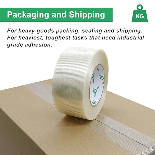 BOMEI PACK Filament Strapping Tape, 5.5 Mil 2 Inch x 60 Yards, Heavy Duty Reinforced Fiberglass Packing Tape, 2 Pack