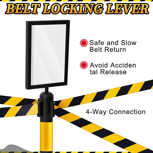 Therwen 6 Pack Heavy Duty Crowd Control Stanchions 9.8 ft Stainless Steel Stanchion Set with 6 Safety Barrier Post Retractable Belt and 1 Sign Holder Crowd Control Barrier(Stripe Belt,Yellow Black)