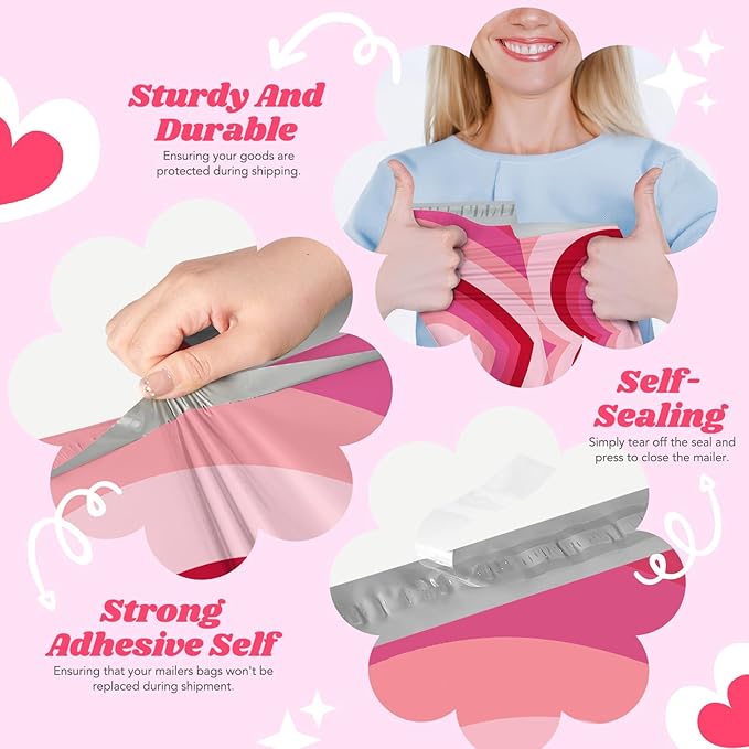 Metronic Poly Mailers 14.5x19 Inch 500pc Shipping Bags for Clothes,Strong Adhensive Shipping Envelopes for Small Business,Waterproof Mailers Poly Bags for Shipping,Packaging Mailing Bags Pink Heart