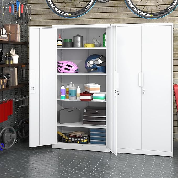 LUCYPAL Garage Storage Cabinets with Lock Doors,Metal Garage Storage Cabinets with 4 Adjustable Shelves for Home,Office, Warehouse(White)