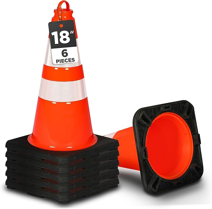 Pyle 18" Traffic Cones 6-Pack, High-Visibility Orange Safety Cones for Parking, Roadwork, Construction and Sports Training, Stackable Design with Heavy-Duty PVC Base, Weather-Resistant