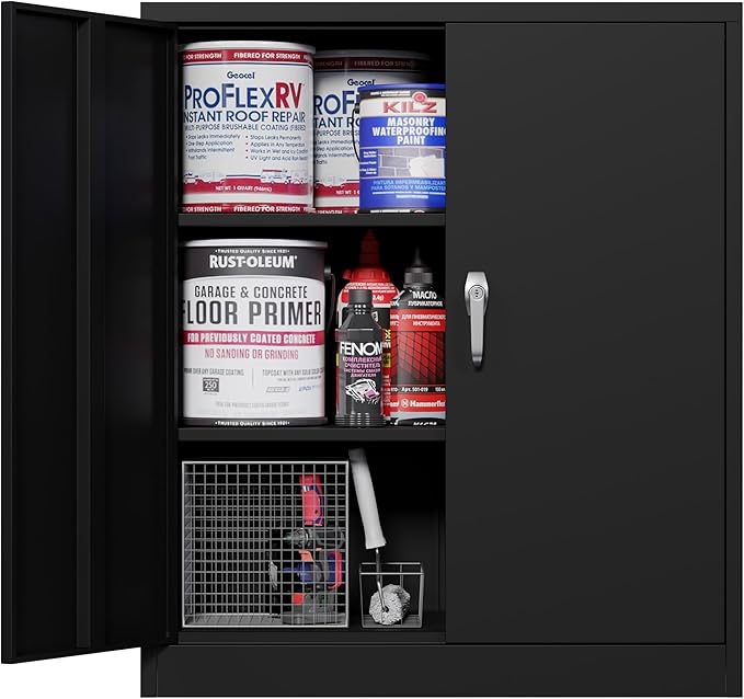 Locking Garage Storage Cabinet with Door, Black Metal Wall Cabinet with Shelves, Small File Cabinet for Home, Office, School, 41.6''H× 36 ''W ×18''D, Assembly Required
