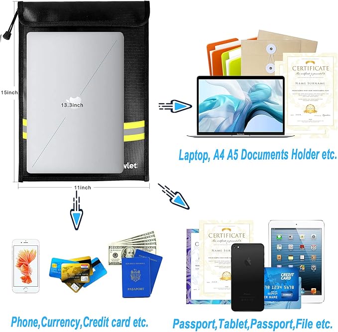 Fireproof Waterproof Money Document Bag - 15" x 11" Upgraded Zipper Bags, Fire & Water Resistant Storage Organizer Pouch for A4 A5 Documents Holder,File,Cash,Jewelry,Passport,Tablet,Laptop (Black)