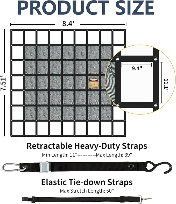 Tecoom Cargo Net with Mesh, 8.4 x 7.51ft 1,500 LBS Capacity Truck Bed Net for Trailer, Trucks, Boat, Jeep, Pickup, Heavy Duty Cargo Net with Adjustable Cam Buckles & S-Hooks & Cross Strap