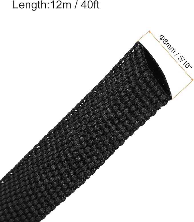 MECCANIXITY Braided Cable Sleeves Heat Shrinkable Fabric Sleeving, 5/16" 40ft Black 2:1 Ratio Heat Shrinkable Cord Protector for Harness Cable, Network Cable Protection, Cable Management