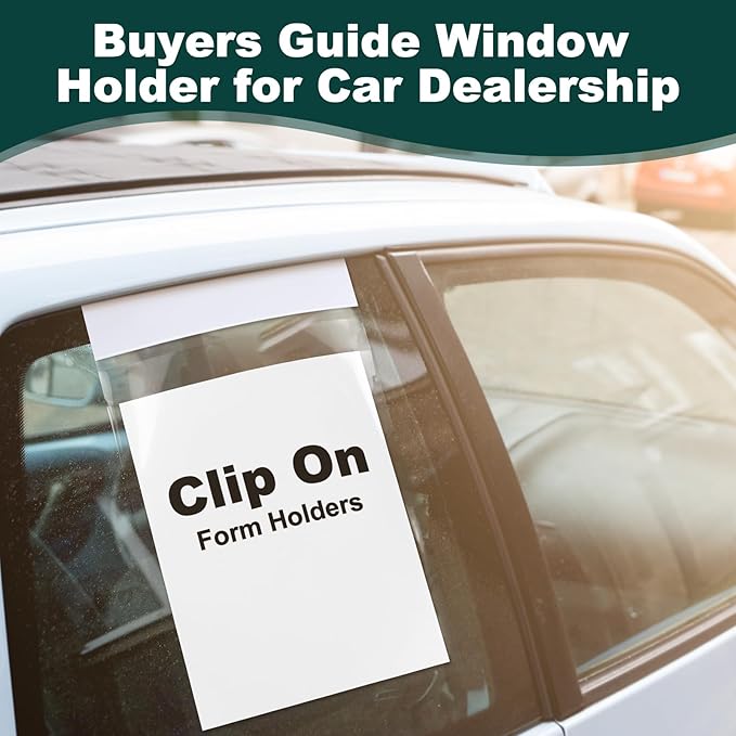 50 Pack Clip on Window Form Holder Buyers Guide Window Hangers Buyers Guide Holder Sleeves 9 x 13 Clear Plastic Pouch Form Hangers for Car Dealership Supplies
