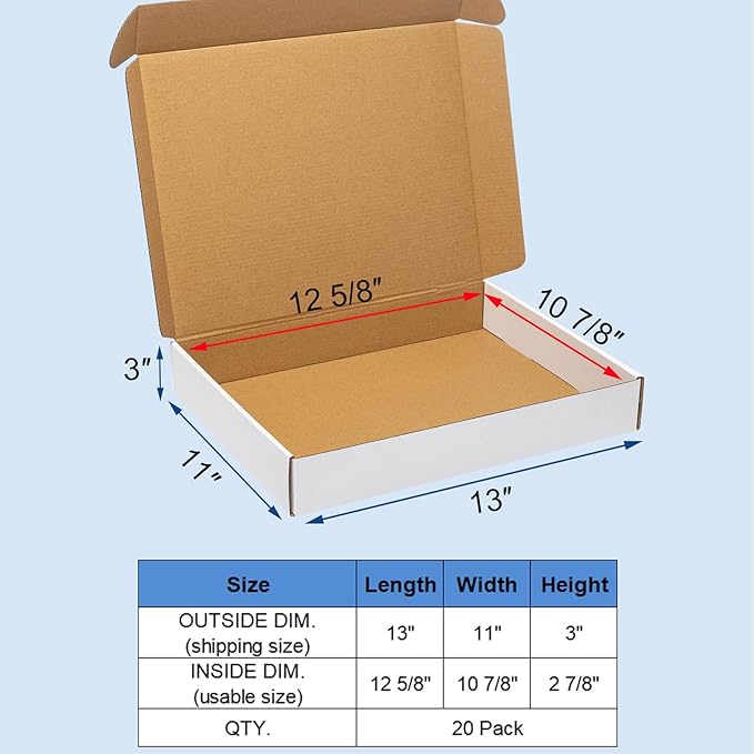 White Shipping Boxes 13x11x3" 20 Pack - Corrugated Cardboard Box Mailers for Small Business, Literature Mailer Packaging Supplies
