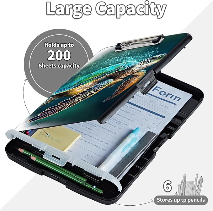 Clipboard with Storage,Clip Boards 8.5X11 with Storage & Pen Holder,Heavy Duty Plastic Nursing Clipboards Foldable,Coaches Clipboard Folder Case,School Office Supplies，Green Sea Turtle