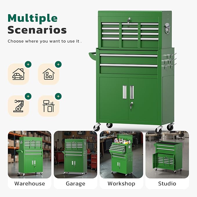 Greenvelly 8-Drawer Rolling Tool Chest, Metal Tool Chest with Wheels, Tool Cabinet with Detachable Top Tool Box, Metal Tool Cart with Liner & Hooks for Garage, Workshop, Warehouse (Green)