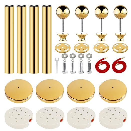 Stainless Steel Stanchion Post Queue 5 ft Red Velvet Rope Red Carpet Ropes and Poles Crowd Control Barriers Sand Injection Hollow Base and Velvet Ropes Set for Party Supplies (8 Pieces, Gold)