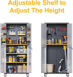 71"H Metal Storage Cabinet with Wheels, Tall Rolling Garage Cabinet with 3 Adjustable Shelves & Locking Doors & Pegboards, Heavy-Duty Tool Cabinet for Home Office, Workshop, Warehouse, Grey