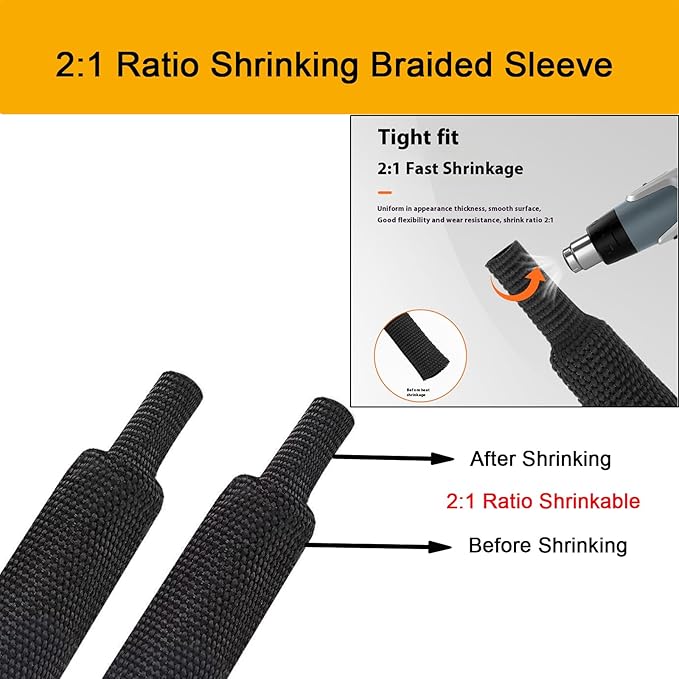 Heat Shrink Braided Sleeving 2:1 Shrinkable Fabric Cable Sheathing Wire Tubing Management Abrasion Protectors Flexibility 3/4" ID-24FT